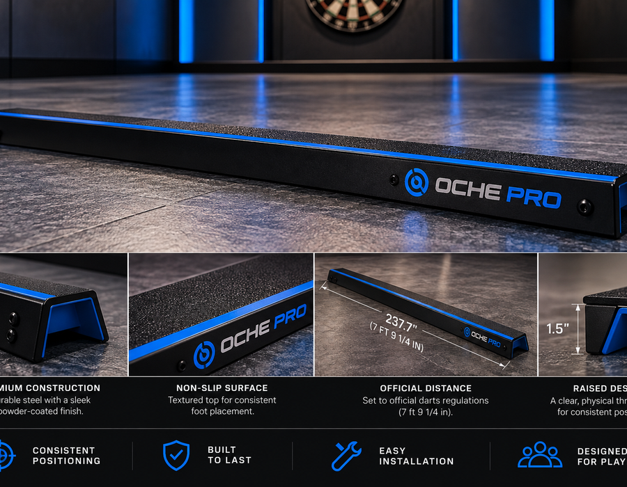 Oche Pro throw line — raised steel dart throwing line with cobalt blue accent stripe